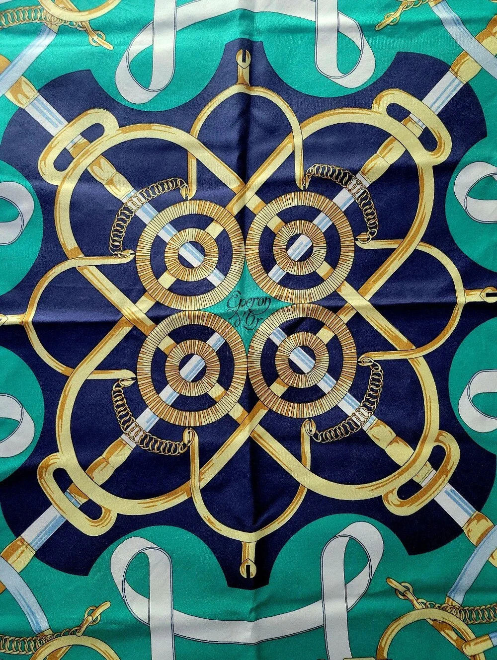 HERMES Esperon D'Or Green & Navy Silk Scarf